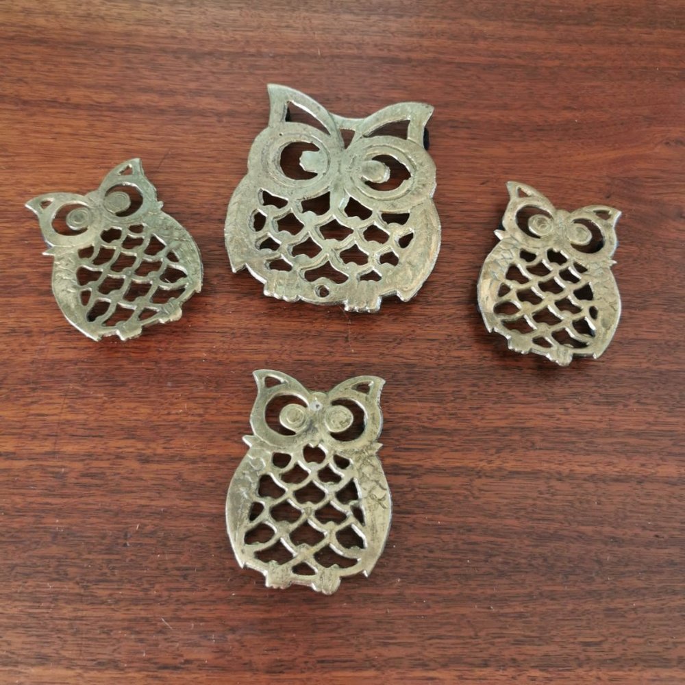 Brass Owls Trivets Set of 4, Vintage Cutout Brass Owls Trivets Coasters